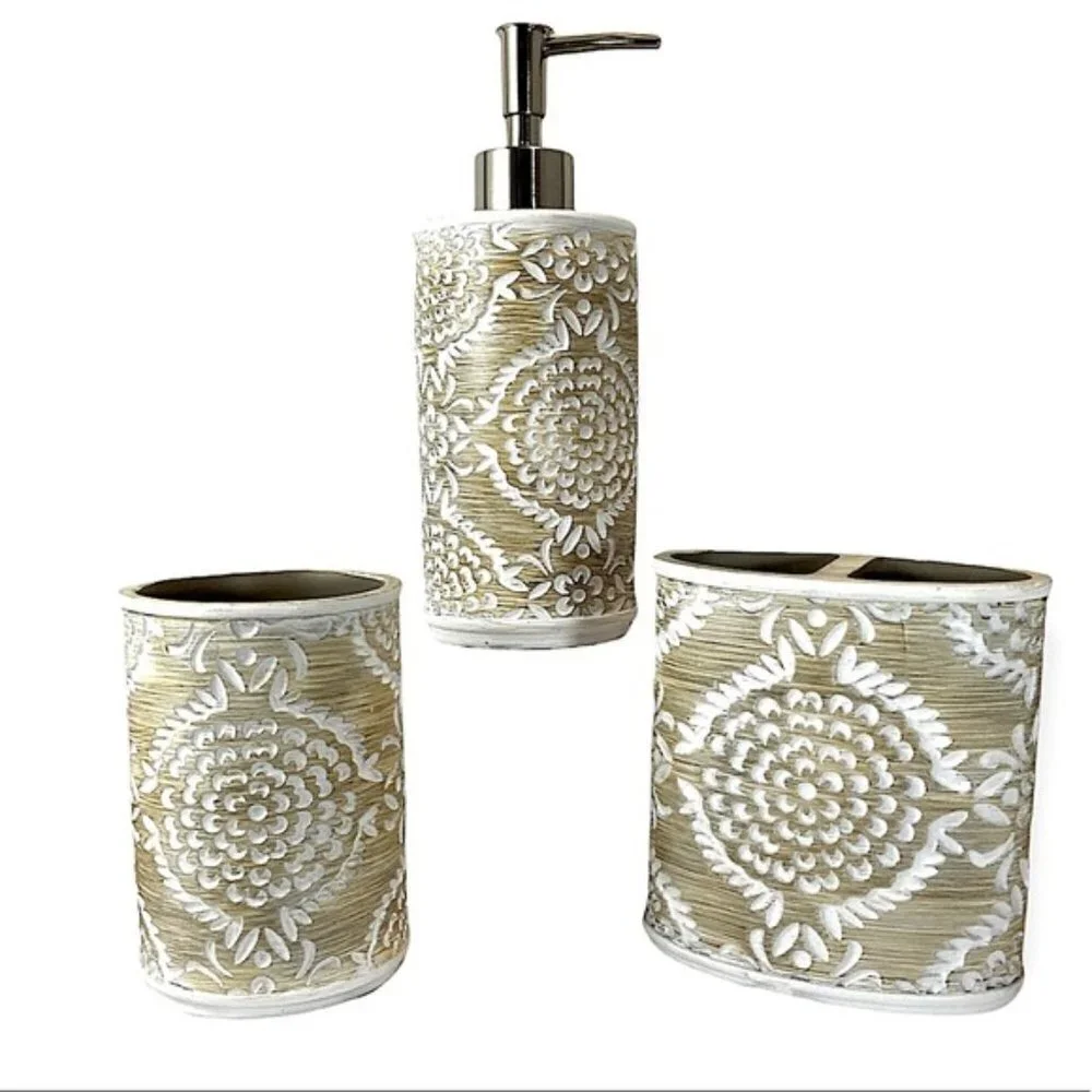 Elite Khaki 3 Piece Bathroom Vanity Accessory Set Tan/Beige White
